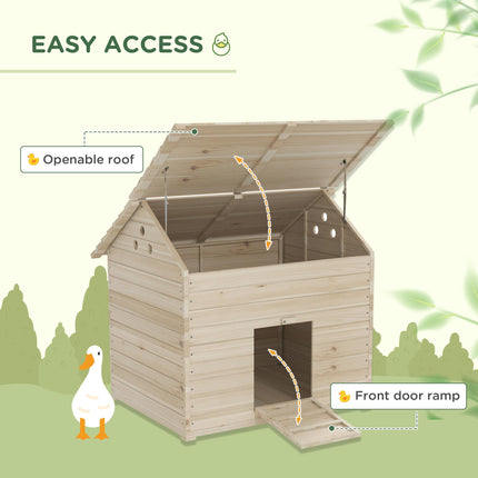 Wooden Duck House Poultry Coop for 2-4 Ducks with Openable Roof, Raised Feet & Air Holes - Natural