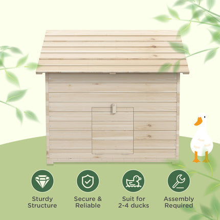 Wooden Duck House Poultry Coop for 2-4 Ducks with Openable Roof, Raised Feet & Air Holes - Natural