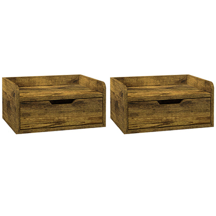 Floating Nightstand Set of 2 Wall Mounted Bedside Tables with Storage Drawer - Rustic Brown