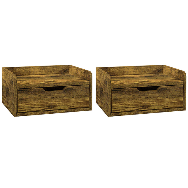 Floating Nightstand Set of 2 Wall Mounted Bedside Tables with Storage Drawer - Rustic Brown