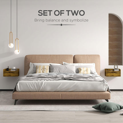 Floating Nightstand Set of 2 Wall Mounted Bedside Tables with Storage Drawer - Rustic Brown