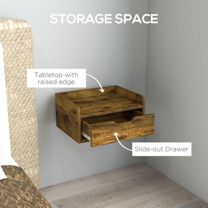 Floating Nightstand Set of 2 Wall Mounted Bedside Tables with Storage Drawer - Rustic Brown