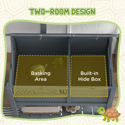 Wooden Tortoise House with Shelter, Run, Lamp Holder, Shelf & Tray - Grey