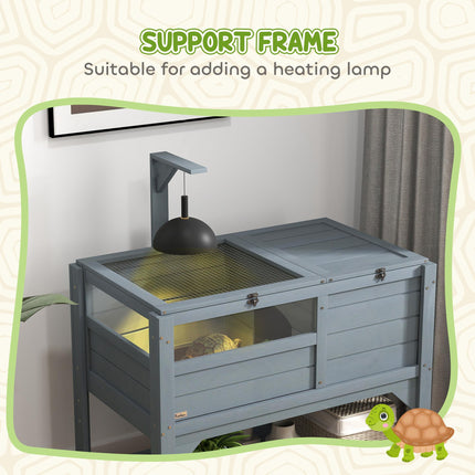 Wooden Tortoise House with Shelter, Run, Lamp Holder, Shelf & Tray - Grey