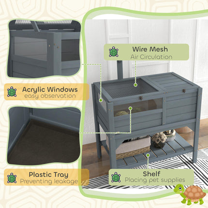 Wooden Tortoise House with Shelter, Run, Lamp Holder, Shelf & Tray - Grey