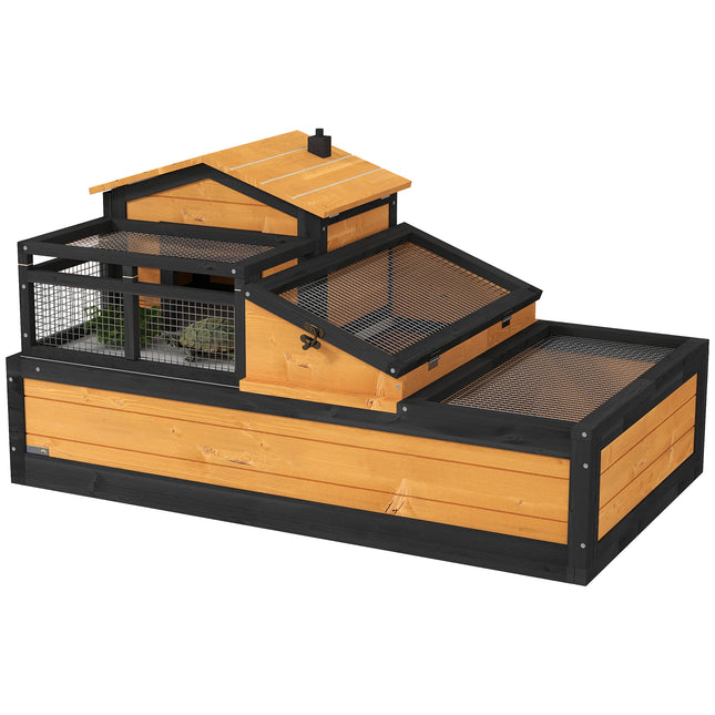 Wooden Tortoise House with Balcony, Tray & Roof for Indoor & Outdoor Use - Yellow