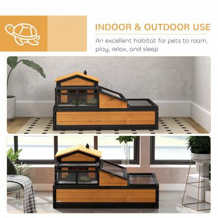 Wooden Tortoise House with Balcony, Tray & Roof for Indoor & Outdoor Use - Yellow