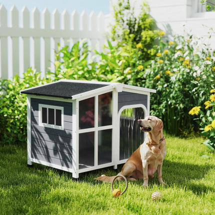 Wooden Large Dog Kennel with Removable Floor, Openable Roof & Giant Window - Charcoal Grey
