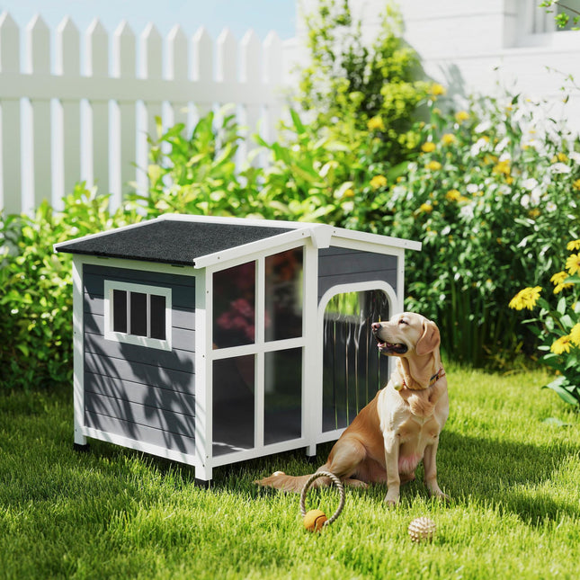 Wooden Large Dog Kennel with Removable Floor, Openable Roof & Giant Window - Charcoal Grey
