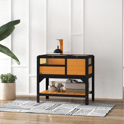Wooden Tortoise House with Shelter, Run, Shelf, Lamp Holder & Tray - Yellow