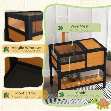 Wooden Tortoise House with Shelter, Run, Shelf, Lamp Holder & Tray - Yellow