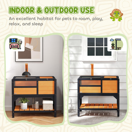 Wooden Tortoise House with Shelter, Run, Shelf, Lamp Holder & Tray - Yellow