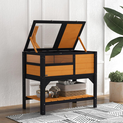 Wooden Tortoise House with Shelter, Run, Shelf, Lamp Holder & Tray - Yellow