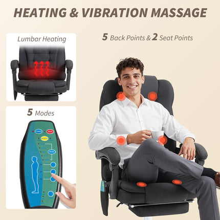 Six-Point Heated Massage Office Chair with Recline and Footrest - Black