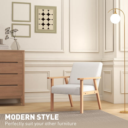 Wide Seat Accent Chair with Wood Frame and Thick Linen Cushions - Cream White