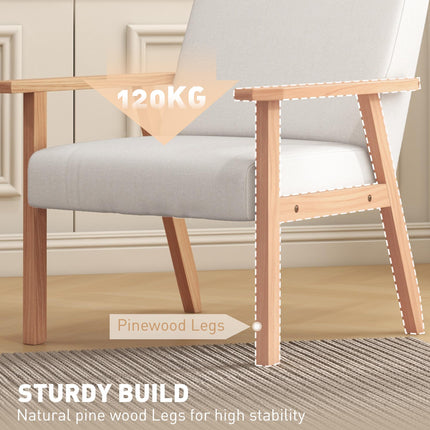 Wide Seat Accent Chair with Wood Frame and Thick Linen Cushions - Cream White