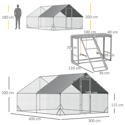 Walk-In Chicken Run 3x4x2m with Activity Shelf and Cover - Silver Grey