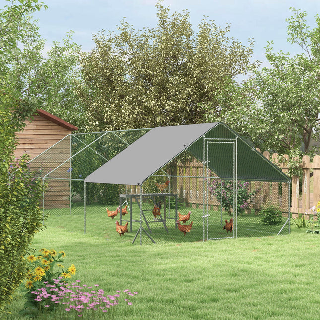 Walk-In Chicken Run 3x6x2m with Activity Shelf and Cover - Silver Grey
