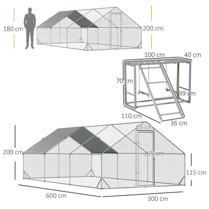 Walk-In Chicken Run 3x6x2m with Activity Shelf and Cover - Silver Grey