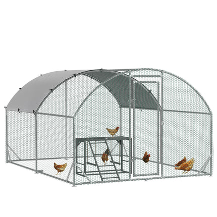 Walk In Chicken Run 2.8 x 3.8 x 2m with Activity Shelf and Cover - Silver Grey