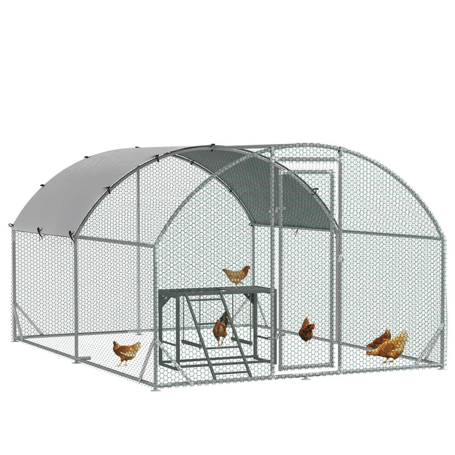 Walk In Chicken Run 2.8 x 3.8 x 2m with Activity Shelf and Cover - Silver Grey