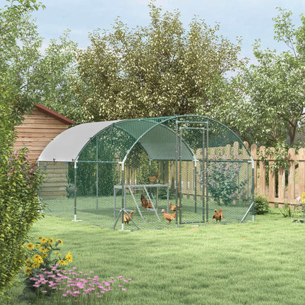 Walk In Chicken Run 2.8 x 3.8 x 2m with Activity Shelf and Cover - Silver Grey