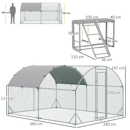 Walk In Chicken Run 2.8 x 3.8 x 2m with Activity Shelf and Cover - Silver Grey
