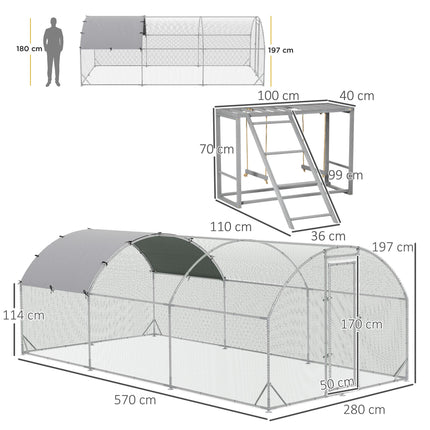 Walk In Chicken Run with Activity Shelf and Cover 2.8 x 5.7 x 2m - Silver Grey