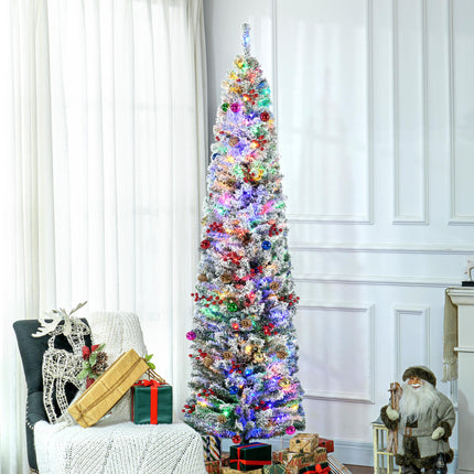 7' Prelit Artificial Christmas Tree with Colourful LED Lights, Flocked Tips, Berries & Pine Cones - Green