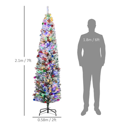 7' Prelit Artificial Christmas Tree with Colourful LED Lights, Flocked Tips, Berries & Pine Cones - Green