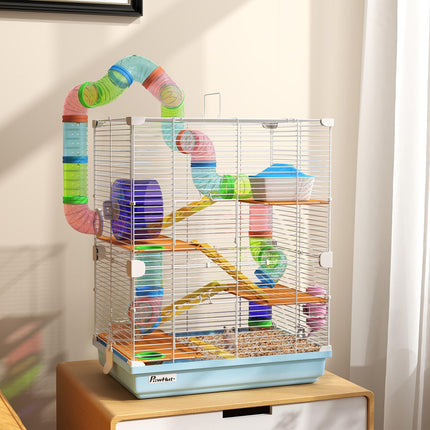 5 Tier Hamster Cage Carrier Habitat with Exercise Wheels and Tunnel - Light Blue