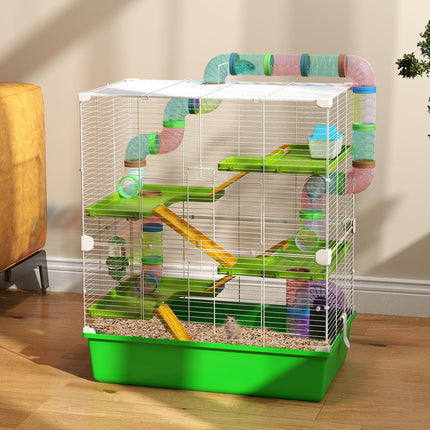 Hamster Cage with Water Bottle, Exercise Wheel, Tubes & Ramps - Green