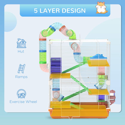 5 Tier Hamster Cage Carrier Habitat with Exercise Wheel and Tunnel - Orange