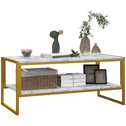 Coffee Table, Two-Tier Faux Marble Effect Centre Table with Metal Frame and Stor