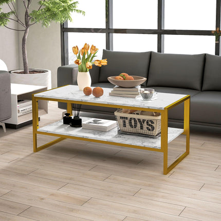 Coffee Table, Two-Tier Faux Marble Effect Centre Table with Metal Frame and Stor