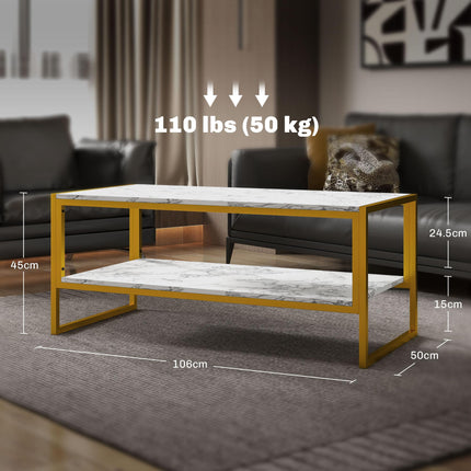 Coffee Table, Two-Tier Faux Marble Effect Centre Table with Metal Frame and Stor