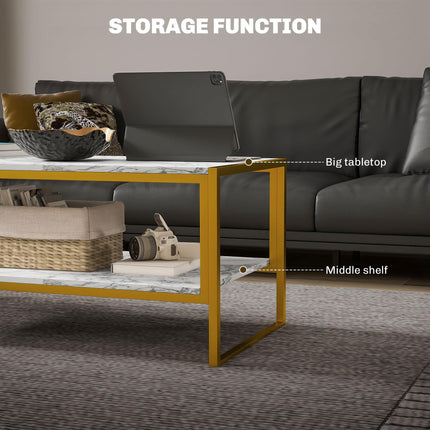 Coffee Table, Two-Tier Faux Marble Effect Centre Table with Metal Frame and Stor