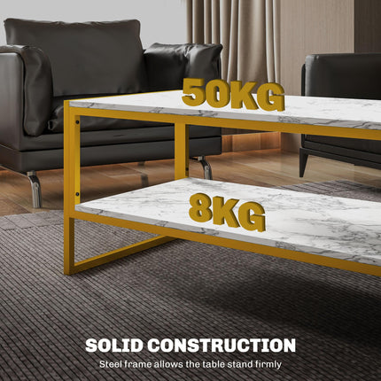 Coffee Table, Two-Tier Faux Marble Effect Centre Table with Metal Frame and Stor