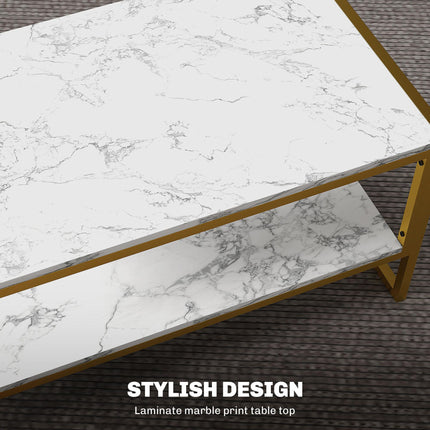 Coffee Table, Two-Tier Faux Marble Effect Centre Table with Metal Frame and Stor
