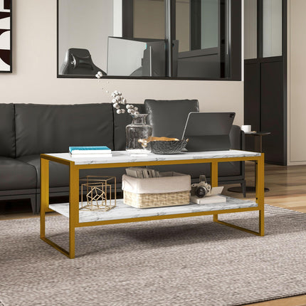 Coffee Table, Two-Tier Faux Marble Effect Centre Table with Metal Frame and Stor