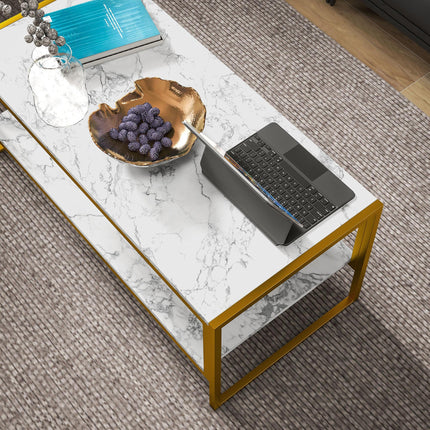 Coffee Table, Two-Tier Faux Marble Effect Centre Table with Metal Frame and Stor
