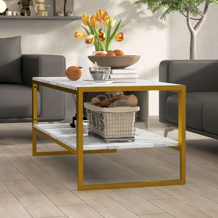 Coffee Table, Two-Tier Faux Marble Effect Centre Table with Metal Frame and Stor