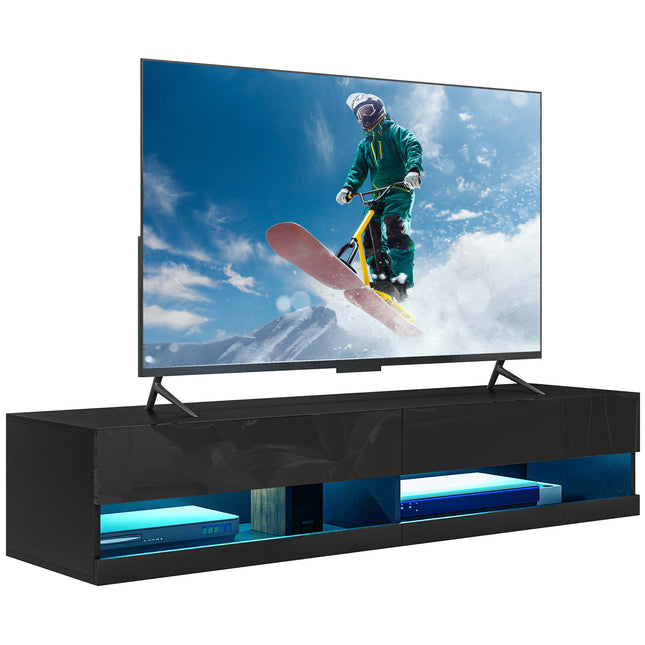 Floating TV Unit Wall Mounted Cabinet for TVs up to 65" with LED Lights and Storage Shelves - Black