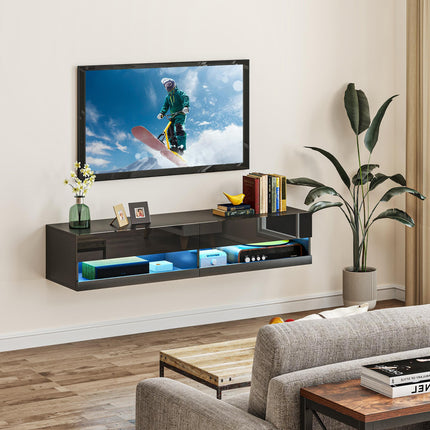 Floating TV Unit Wall Mounted Cabinet for TVs up to 65" with LED Lights and Storage Shelves - Black