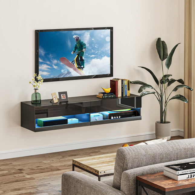Floating TV Unit Wall Mounted Cabinet for TVs up to 65" with LED Lights and Storage Shelves - Black