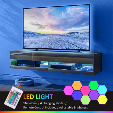 Floating TV Unit Wall Mounted Cabinet for TVs up to 65" with LED Lights and Storage Shelves - Black