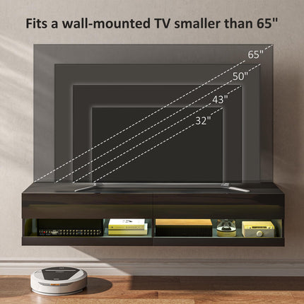 Floating TV Unit Wall Mounted Cabinet for TVs up to 65" with LED Lights and Storage Shelves - Black