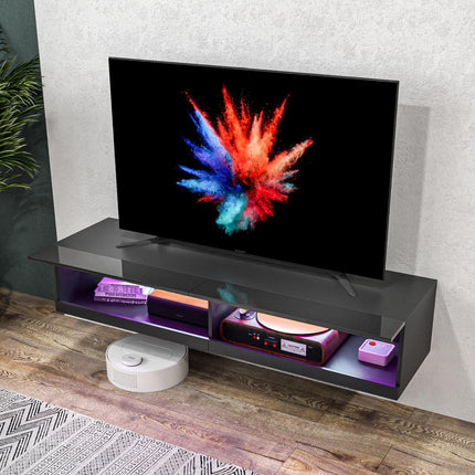 Floating TV Unit Wall Mounted Cabinet for TVs up to 65" with LED Lights and Storage Shelves - Black
