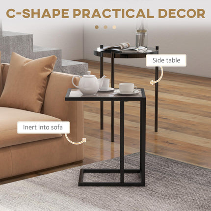 C Shape Bedside Table w/Metal Frame Marble-Effect Top Sofa Narrow Snack End Tabl