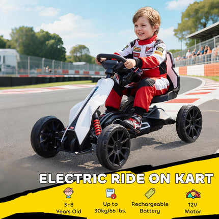 12V Electric Ride-On Go Kart for Kids with Forward Reverse & 2 Speeds, Ages 3-8 - White